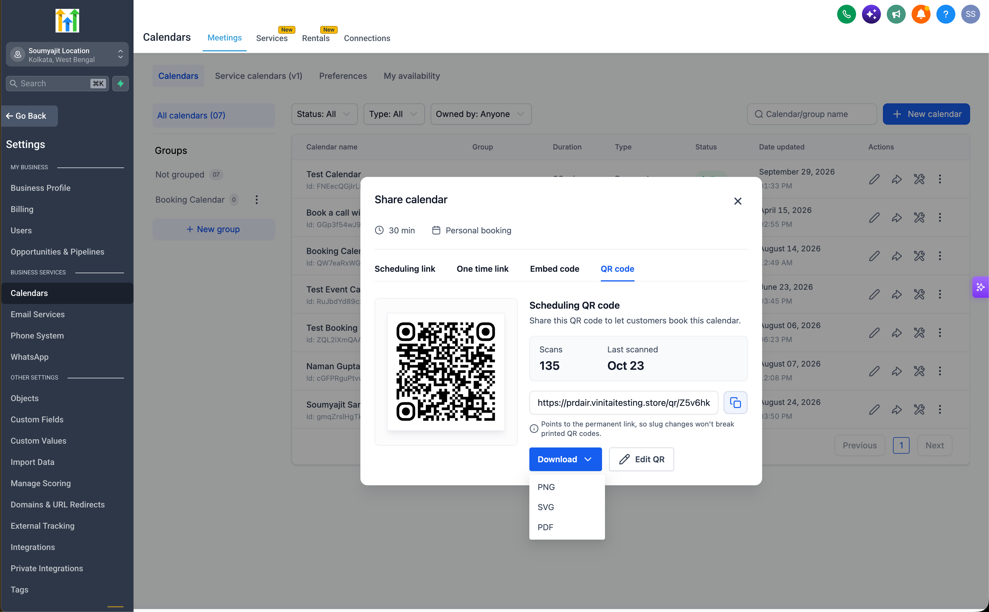 Aperçu 8/11 — Codes QR pour les calendriers, services et locations : maintenant accessibles directement