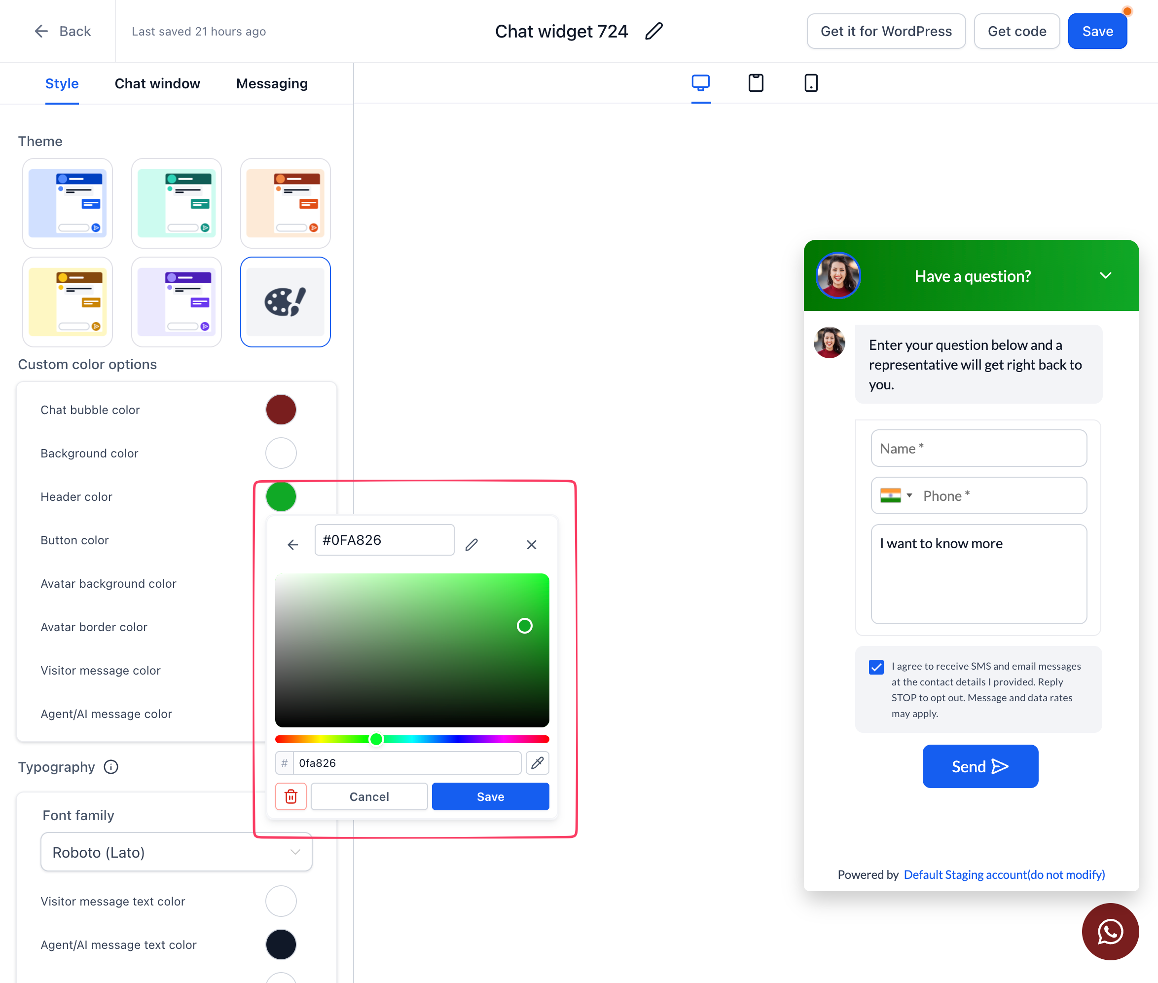 Aperçu 2/3 — Le widget de clavardage adopte les couleurs et polices de votre marque