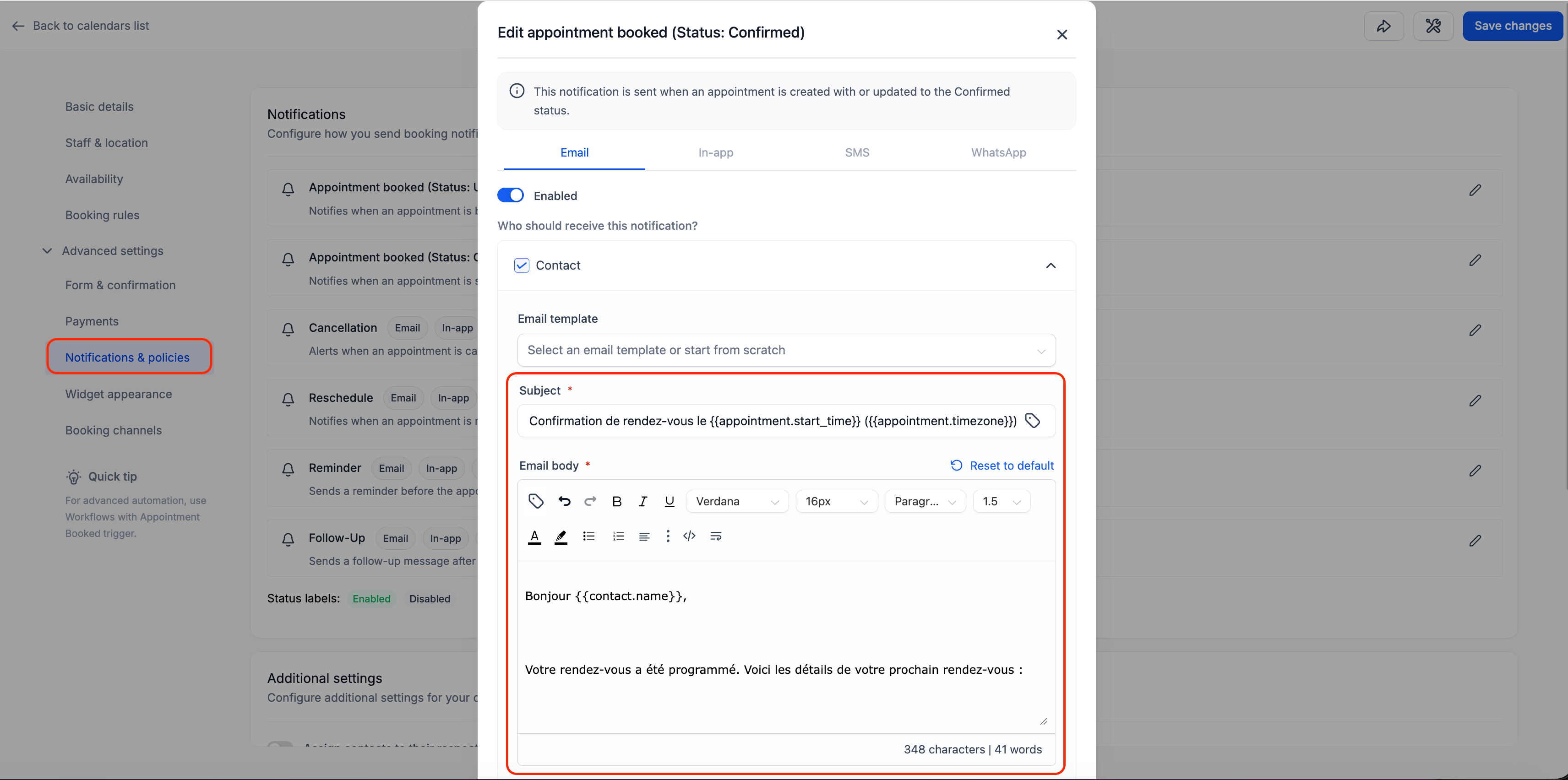 Aperçu 2/4 — Les notifications de calendriers, services et locations parlent maintenant la langue de votre entreprise