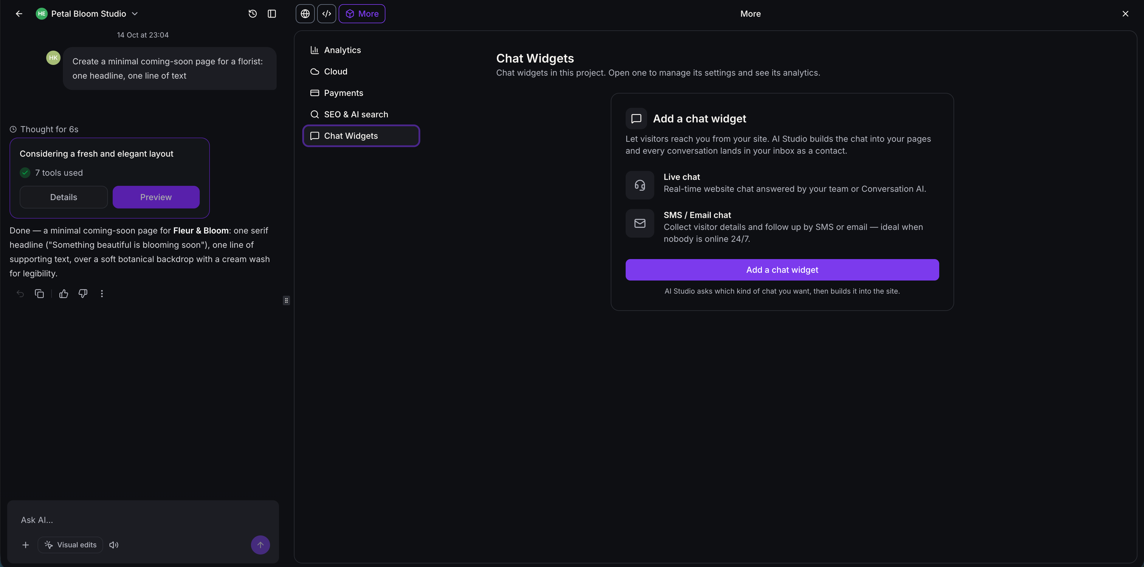 Aperçu 7/7 — Clavardage en direct dans vos applications AI Studio, conçu pour vos clients
