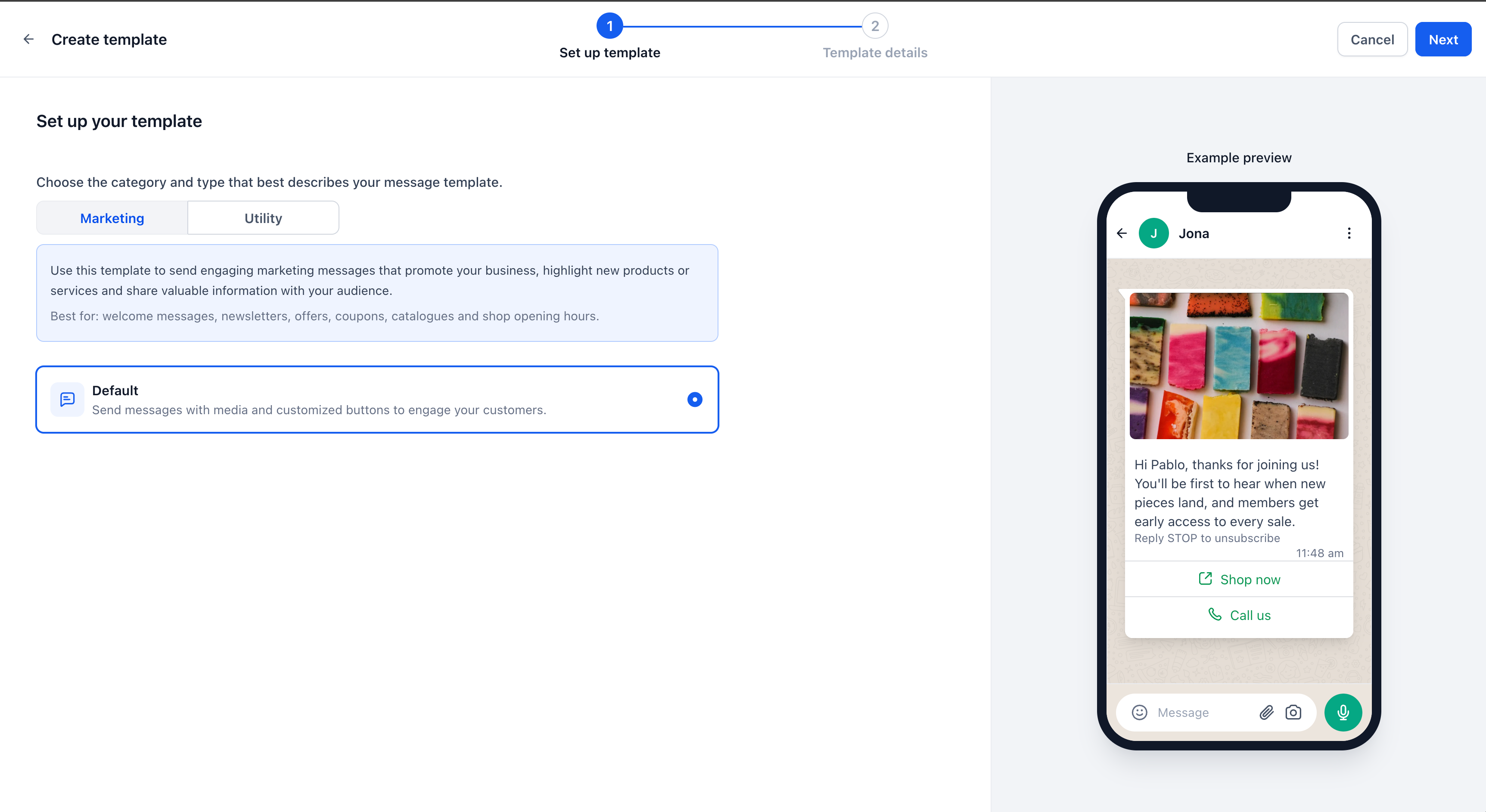 Aperçu 1/6 — WhatsApp : créer des modèles avec aperçu en direct et des images qui changent par client