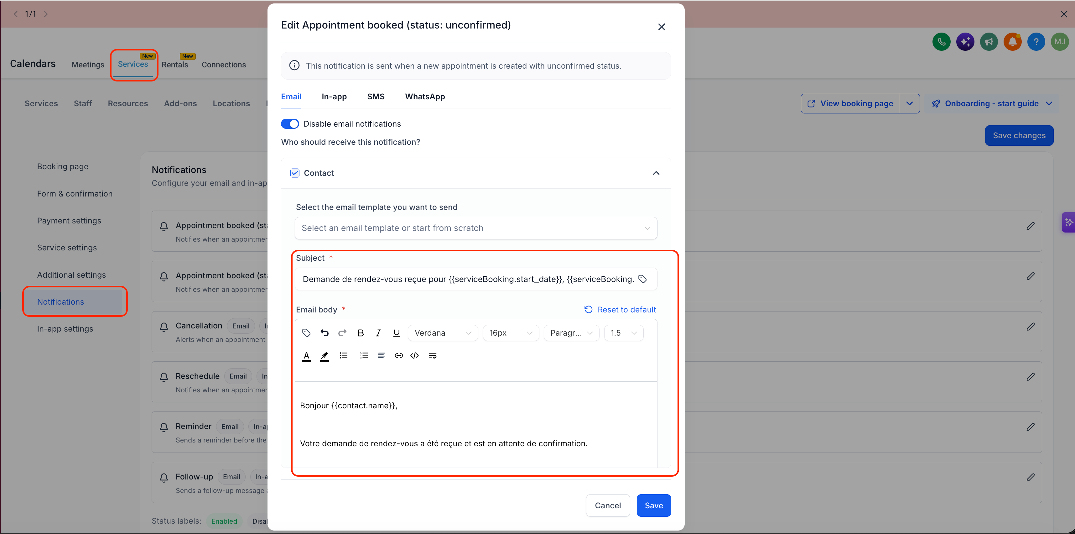 Aperçu 4/4 — Les notifications de calendriers, services et locations parlent maintenant la langue de votre entreprise