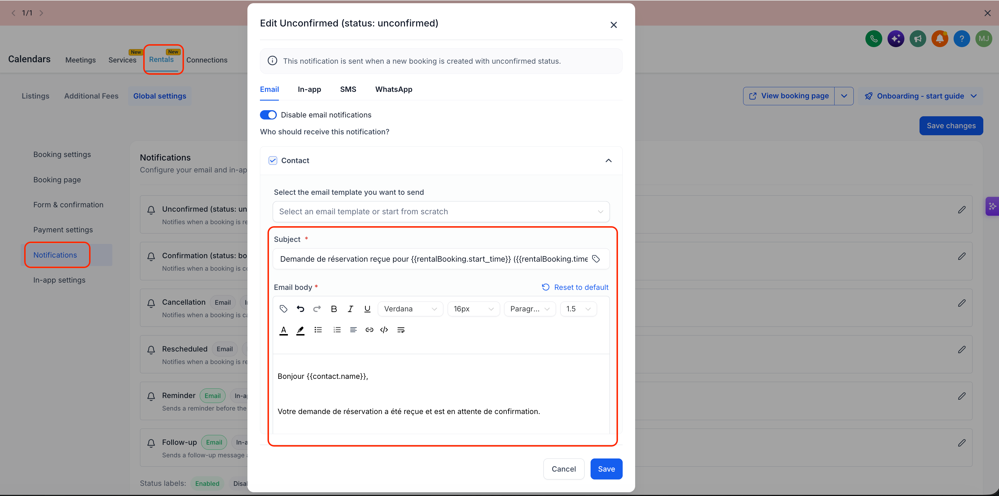 Aperçu 3/4 — Les notifications de calendriers, services et locations parlent maintenant la langue de votre entreprise