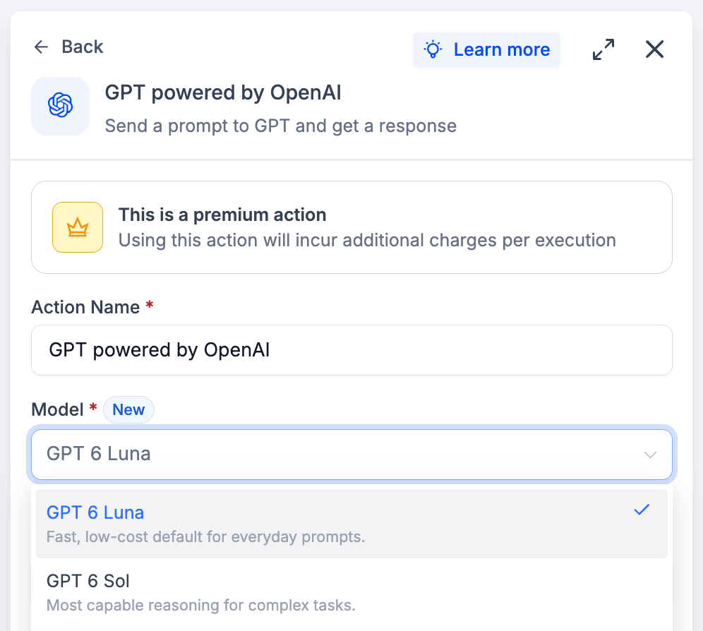 Aperçu 3/3 — Les nouveaux modèles OpenAI GPT-6 Sol et GPT-6 Luna arrivent dans vos automatisations