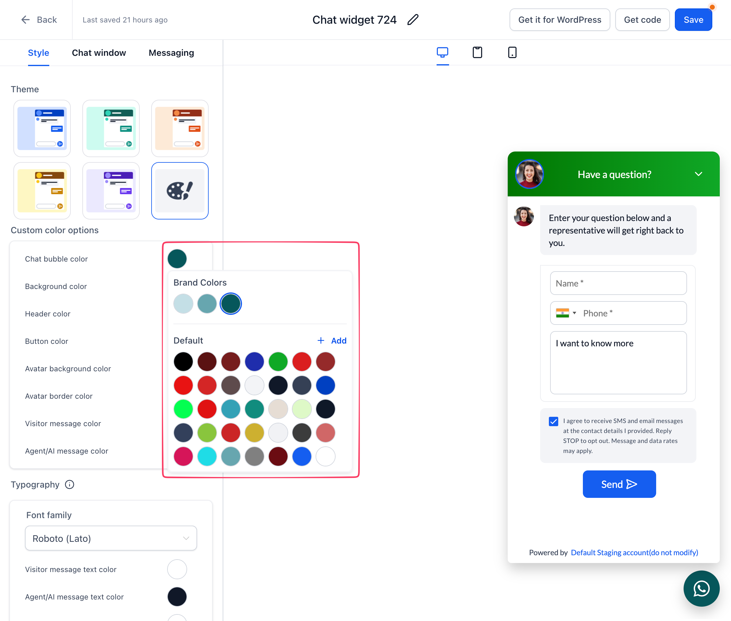 Aperçu 1/3 — Le widget de clavardage adopte les couleurs et polices de votre marque