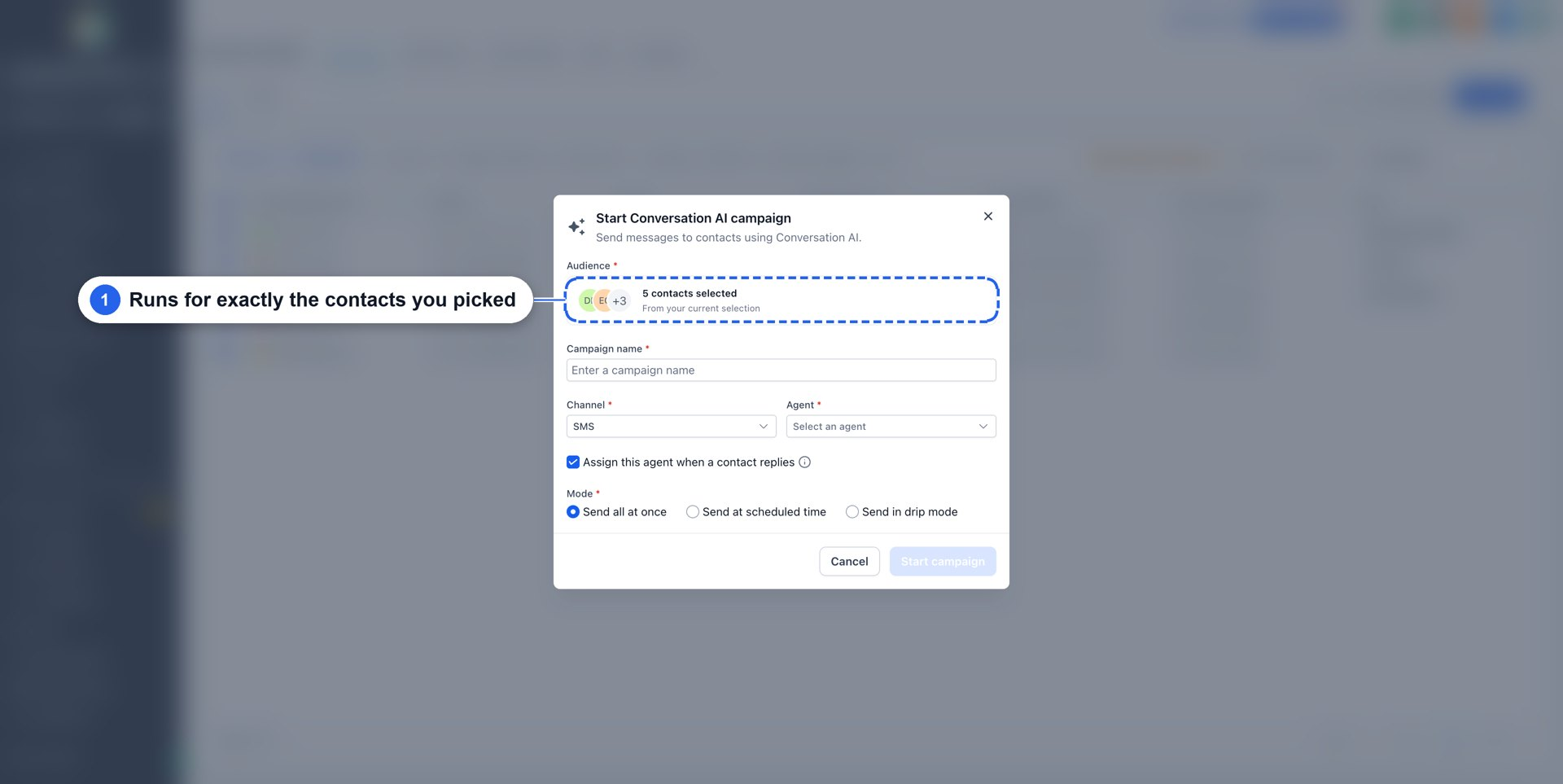 Aperçu 5/12 — Campagnes IA : relancer votre base de contacts en trois clics