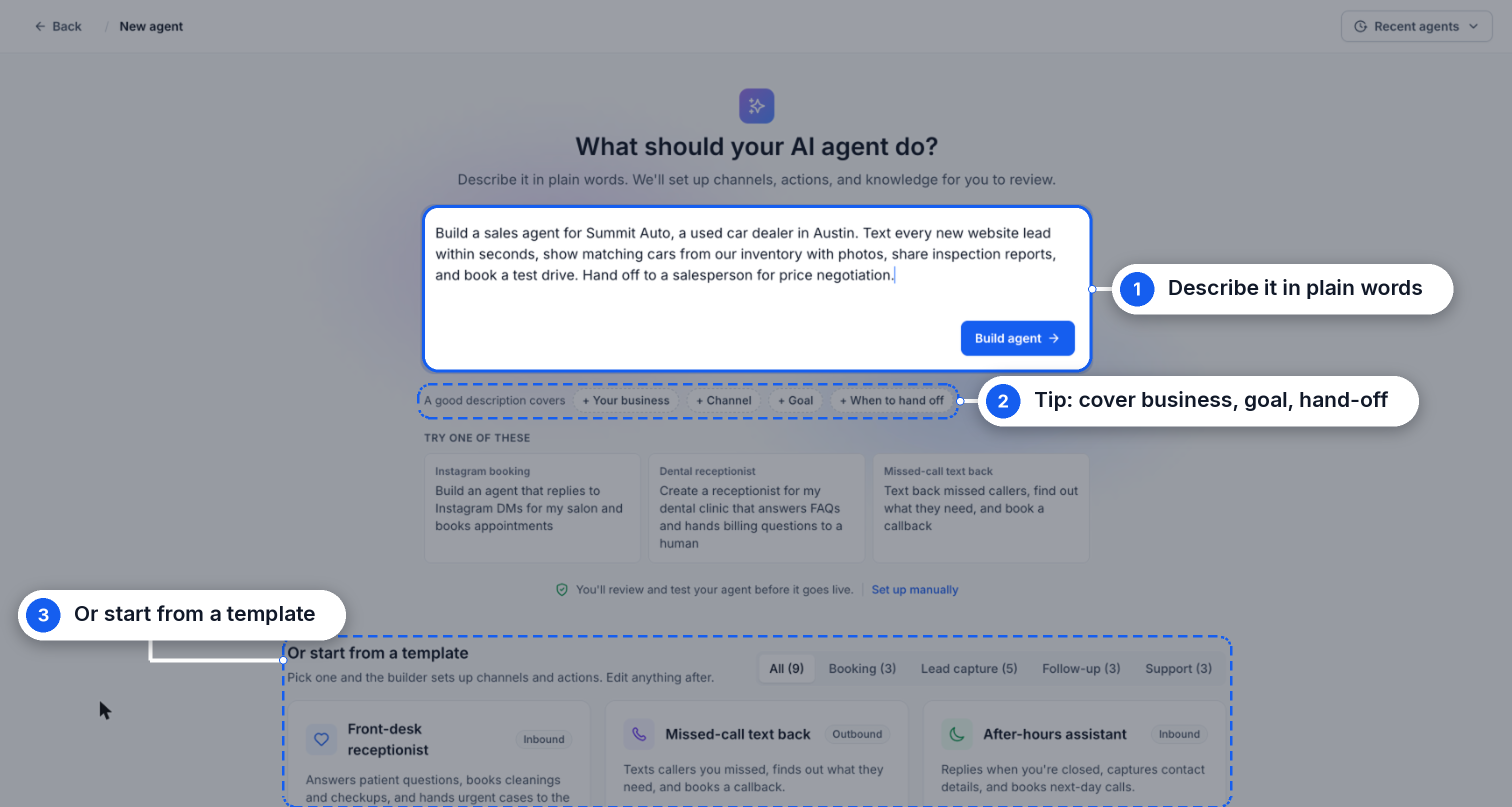 Aperçu 2/10 — Créez un agent IA de conversation simplement en le décrivant