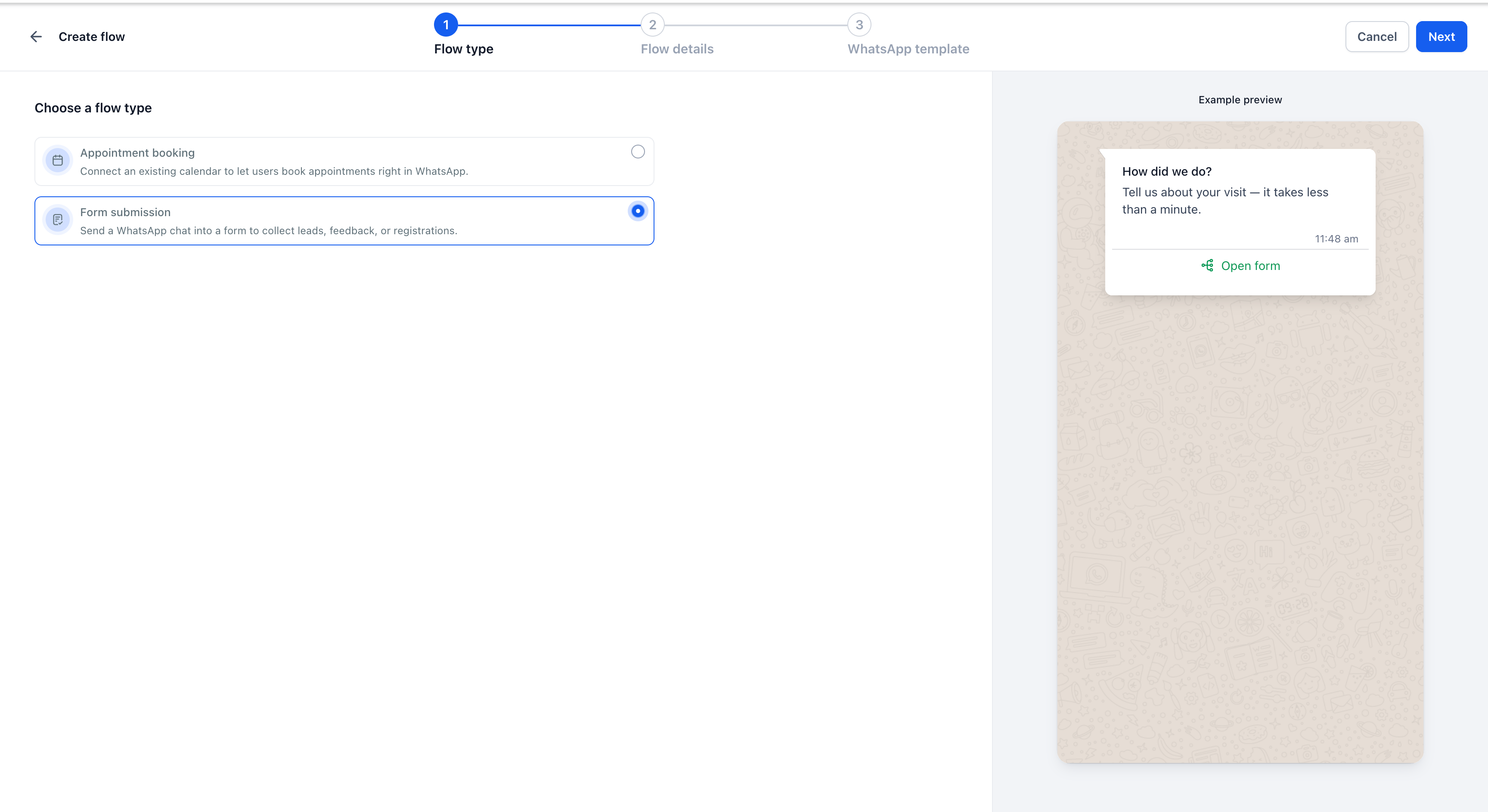 Aperçu 3/5 — Formulaires dans WhatsApp : recueillez les infos sans quitter la conversation