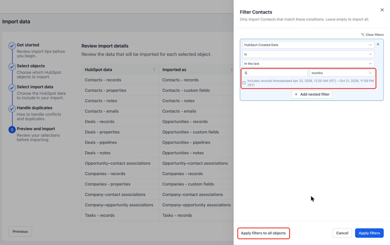 Aperçu 2/4 — Importez seulement les contacts HubSpot que vous voulez
