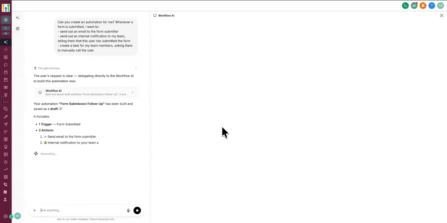 Aperçu 1/2 — Créez des automatisations avec l'assistant IA, directement depuis WhatsApp