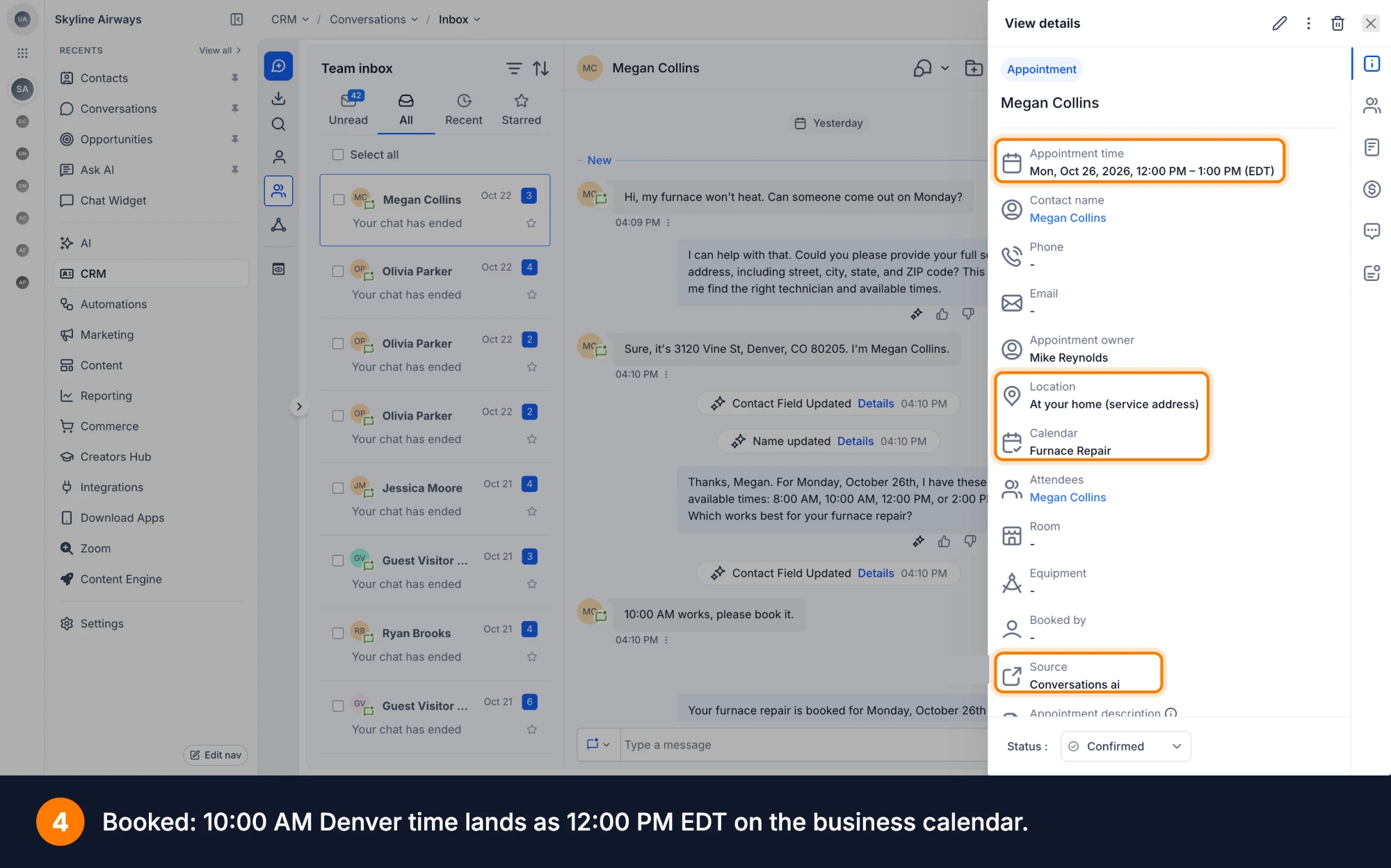 Aperçu 4/4 — L'agent de conversation confirme le fuseau horaire du client avant de proposer des heures