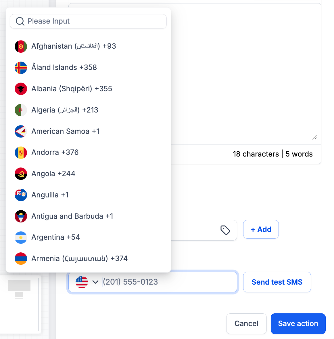 Aperçu 2/2 — SMS : testez vos messages avec le sélecteur de pays