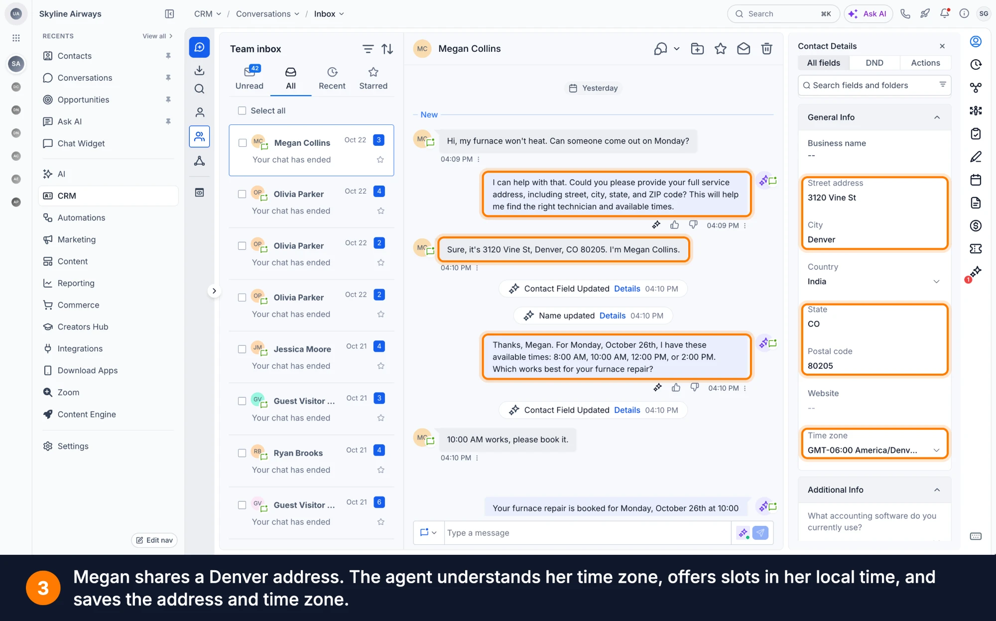 Aperçu 2/4 — L'agent de conversation confirme le fuseau horaire du client avant de proposer des heures