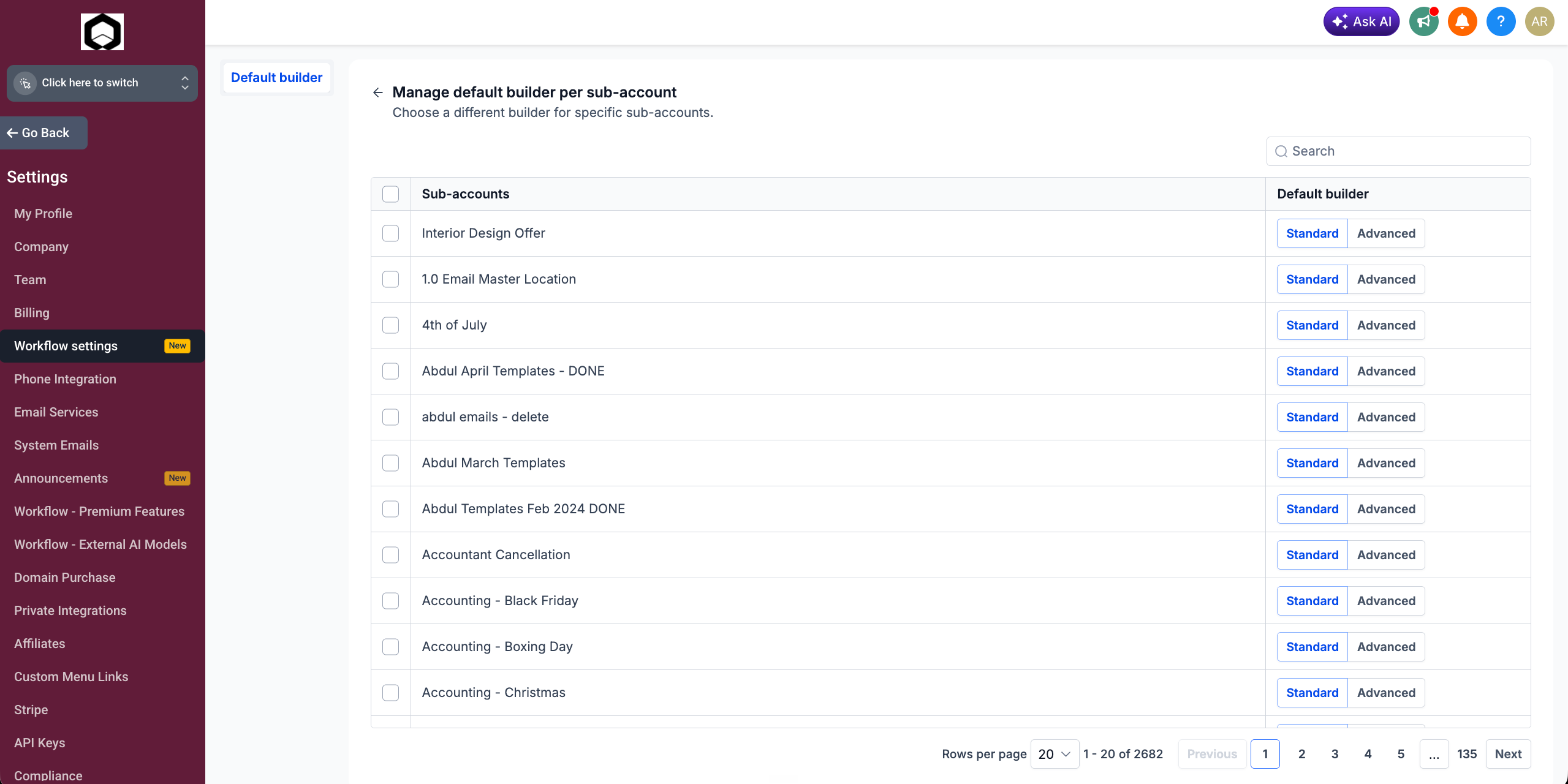 Aperçu 2/2 — Paramètres d'agence : choisir le générateur de workflows pour tous vos comptes