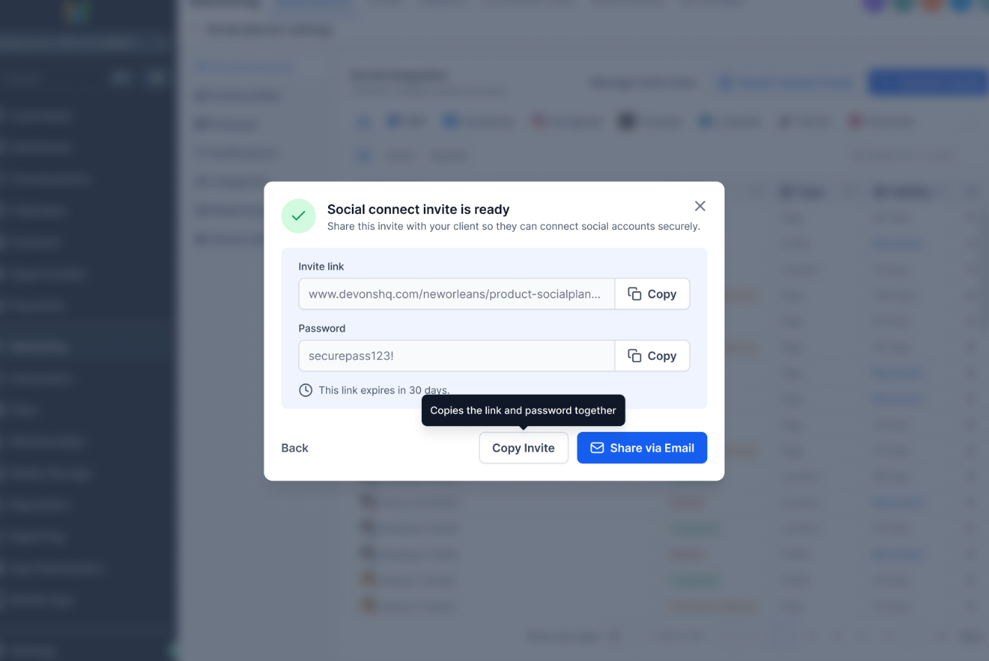 Aperçu 3/5 — Planificateur social : invitez vos clients à connecter leurs comptes