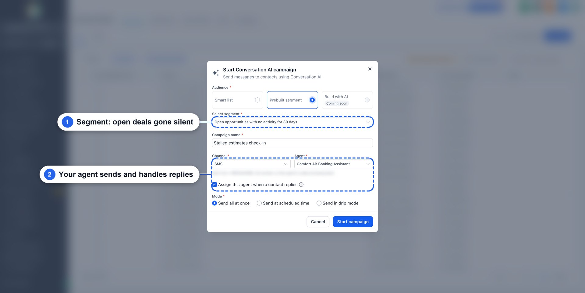 Aperçu 7/12 — Campagnes IA : relancer votre base de contacts en trois clics