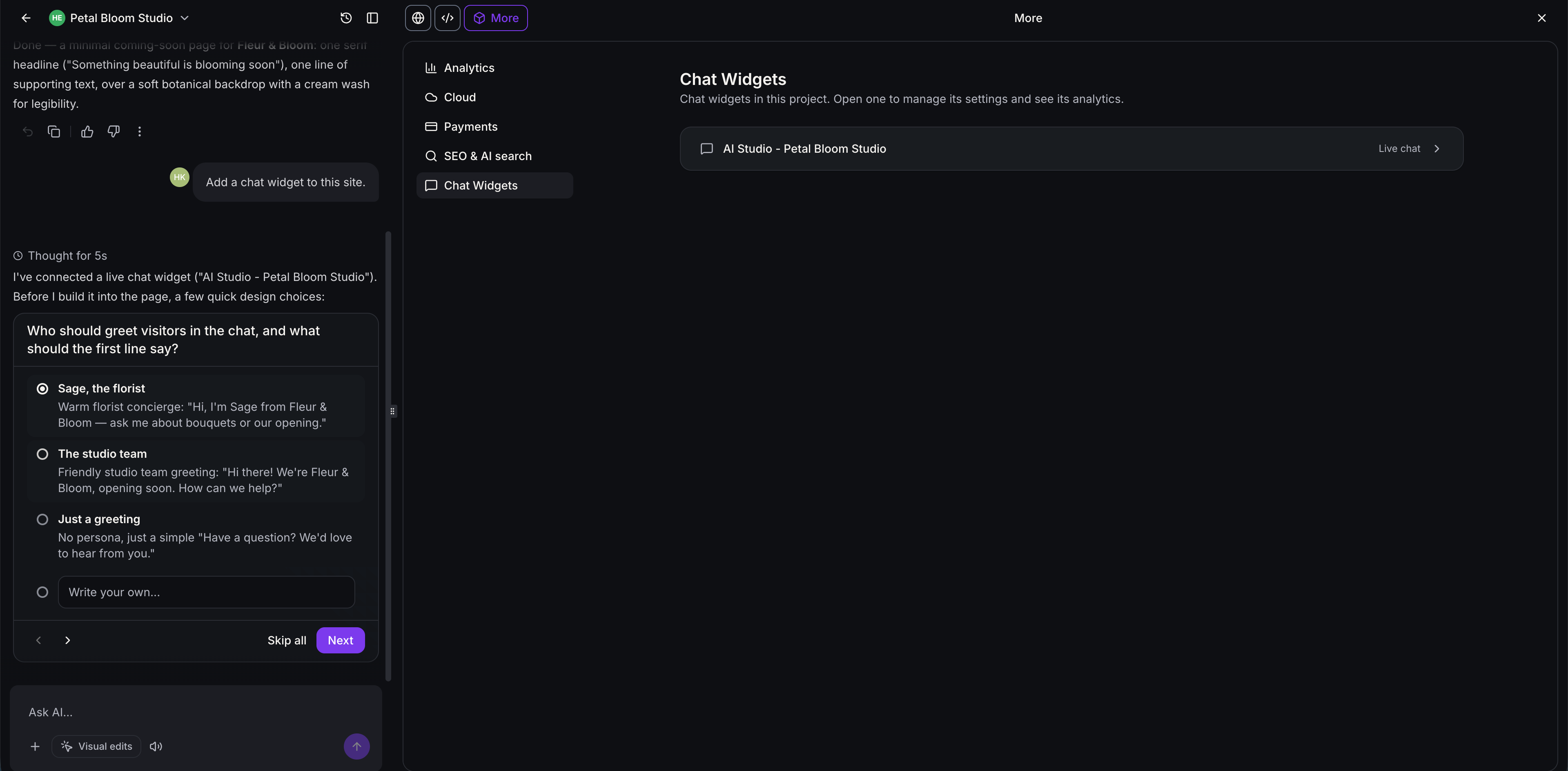 Aperçu 2/7 — Clavardage en direct dans vos applications AI Studio, conçu pour vos clients
