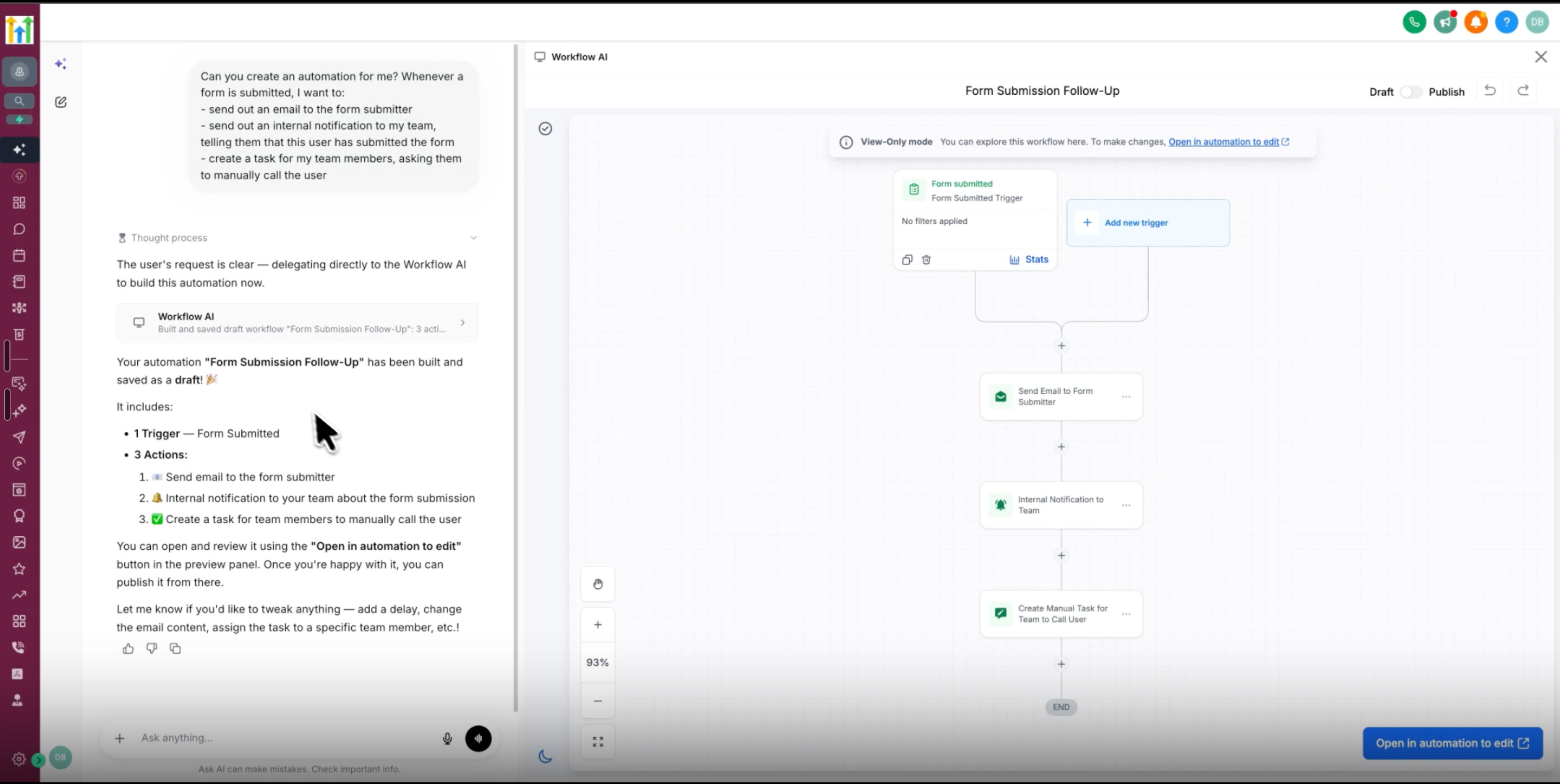 Aperçu 2/2 — Créez des automatisations avec l'assistant IA, directement depuis WhatsApp