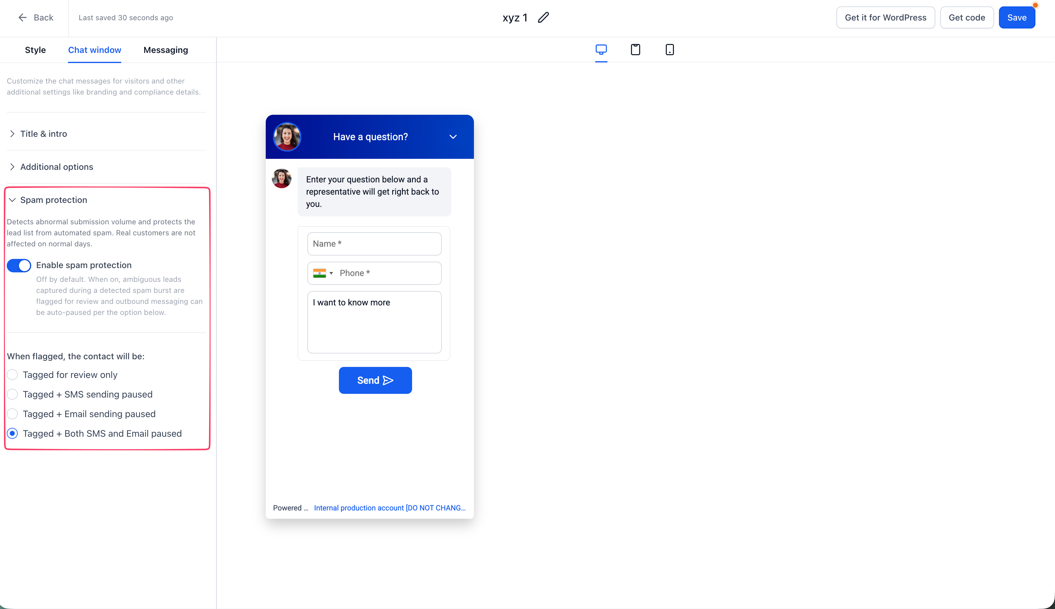 Aperçu 1/3 — Protection contre les spams dans le clavardage — détection automatique sans effort