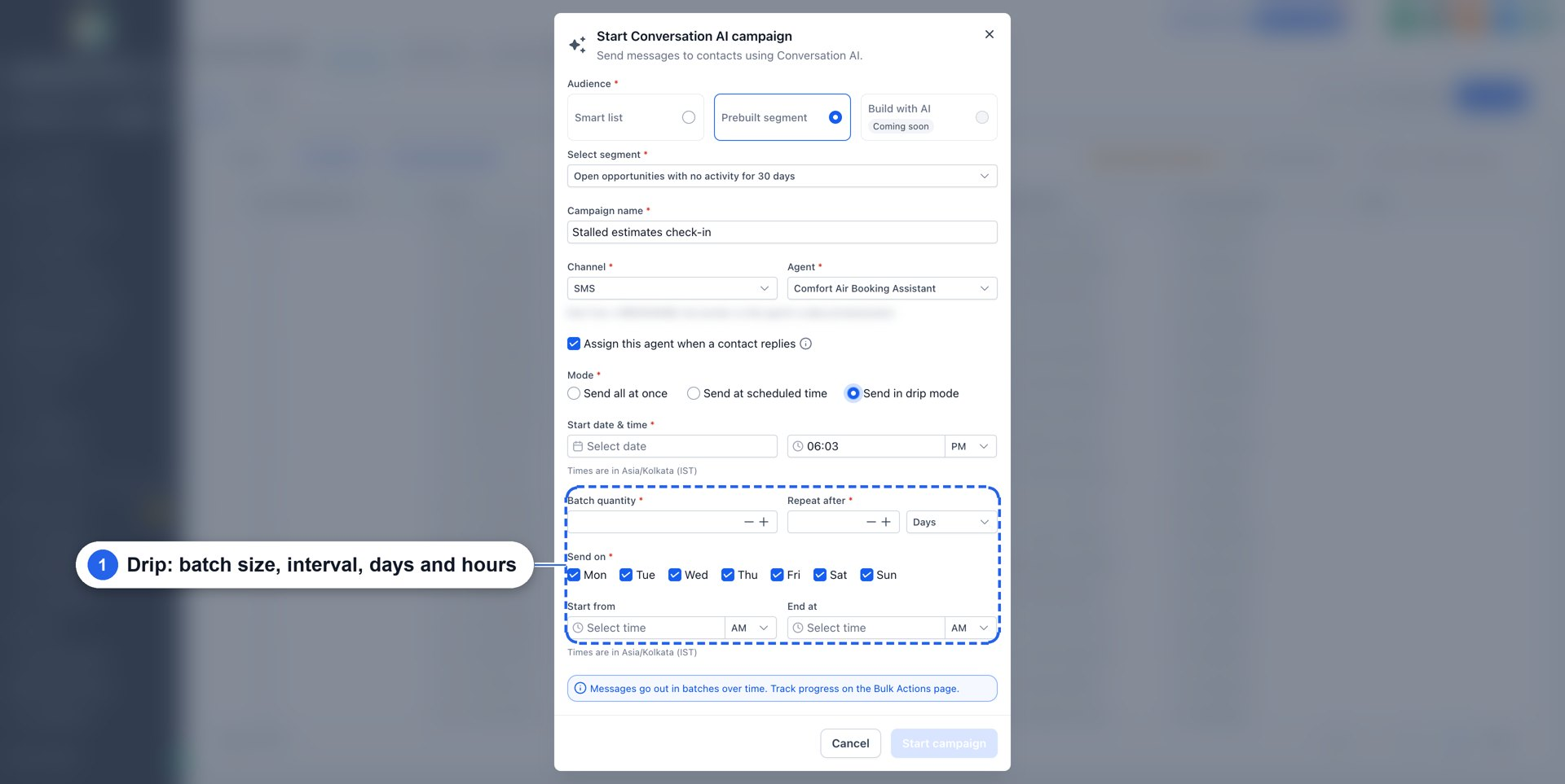 Aperçu 9/12 — Campagnes IA : relancer votre base de contacts en trois clics