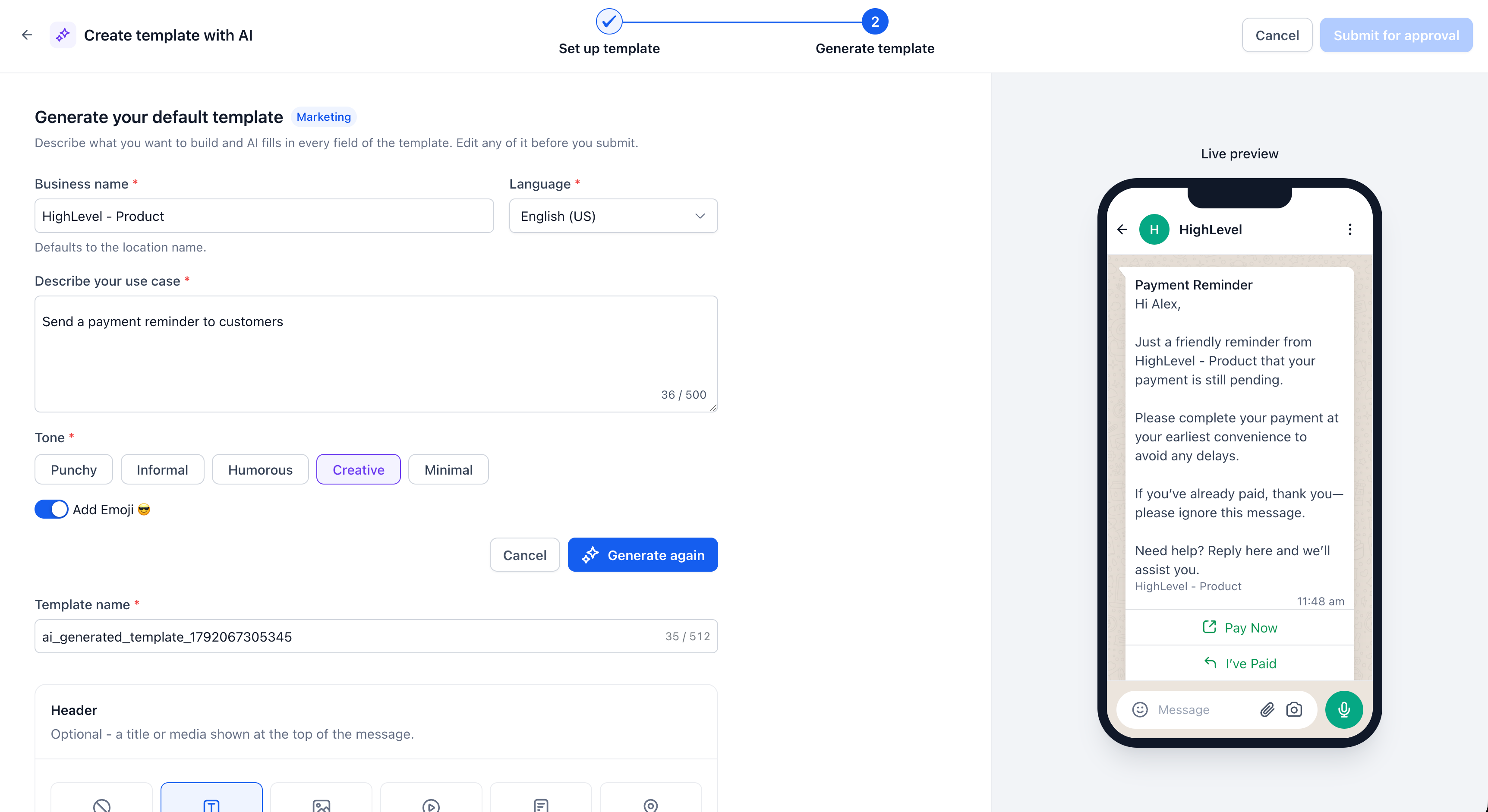 Aperçu 4/6 — WhatsApp : créer des modèles avec aperçu en direct et des images qui changent par client