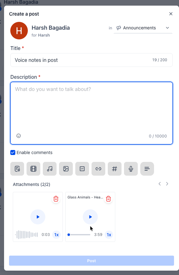 Aperçu 2/3 — Communautés: les messages vocaux directement dans les publications et commentaires