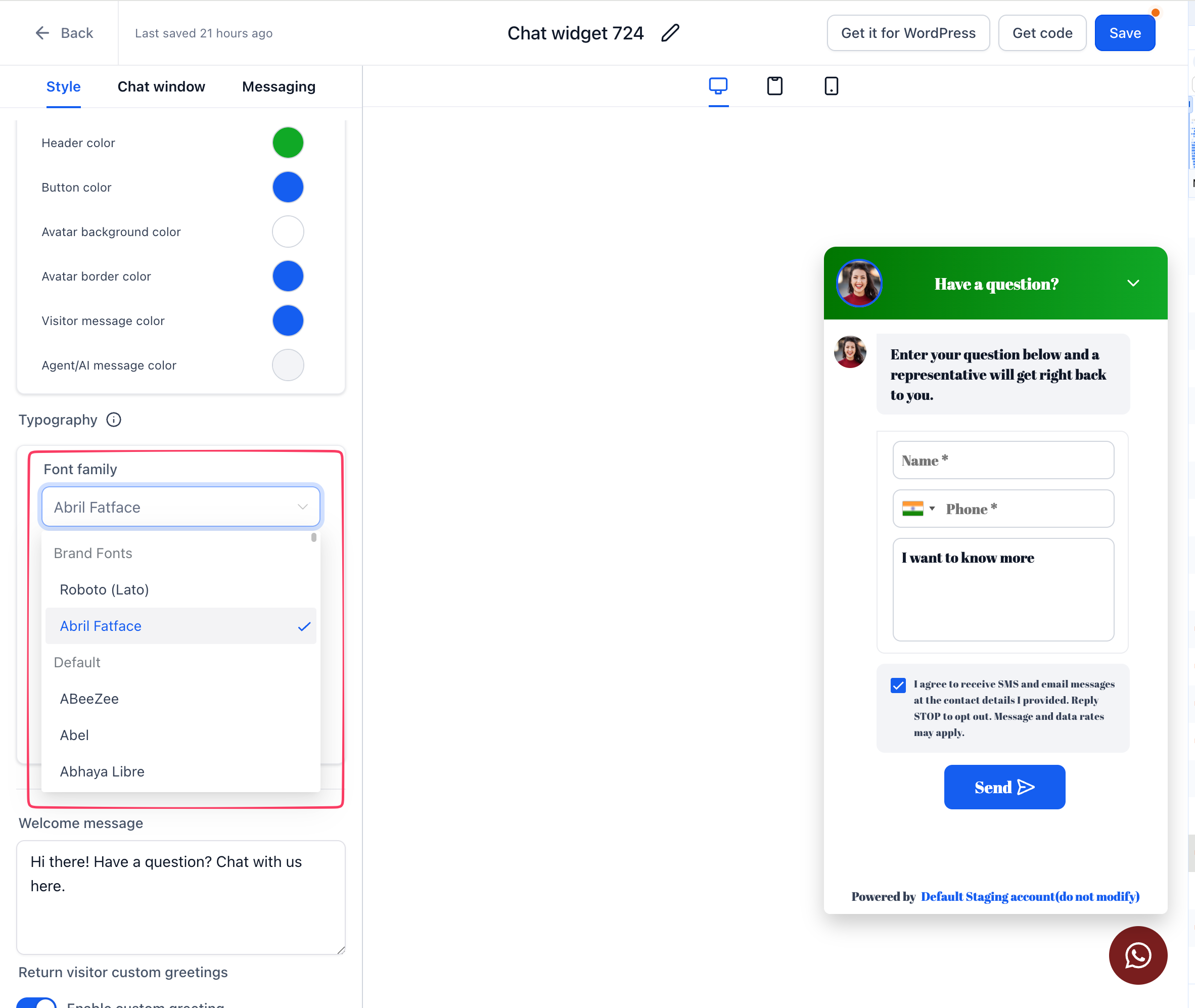 Aperçu 3/3 — Le widget de clavardage adopte les couleurs et polices de votre marque