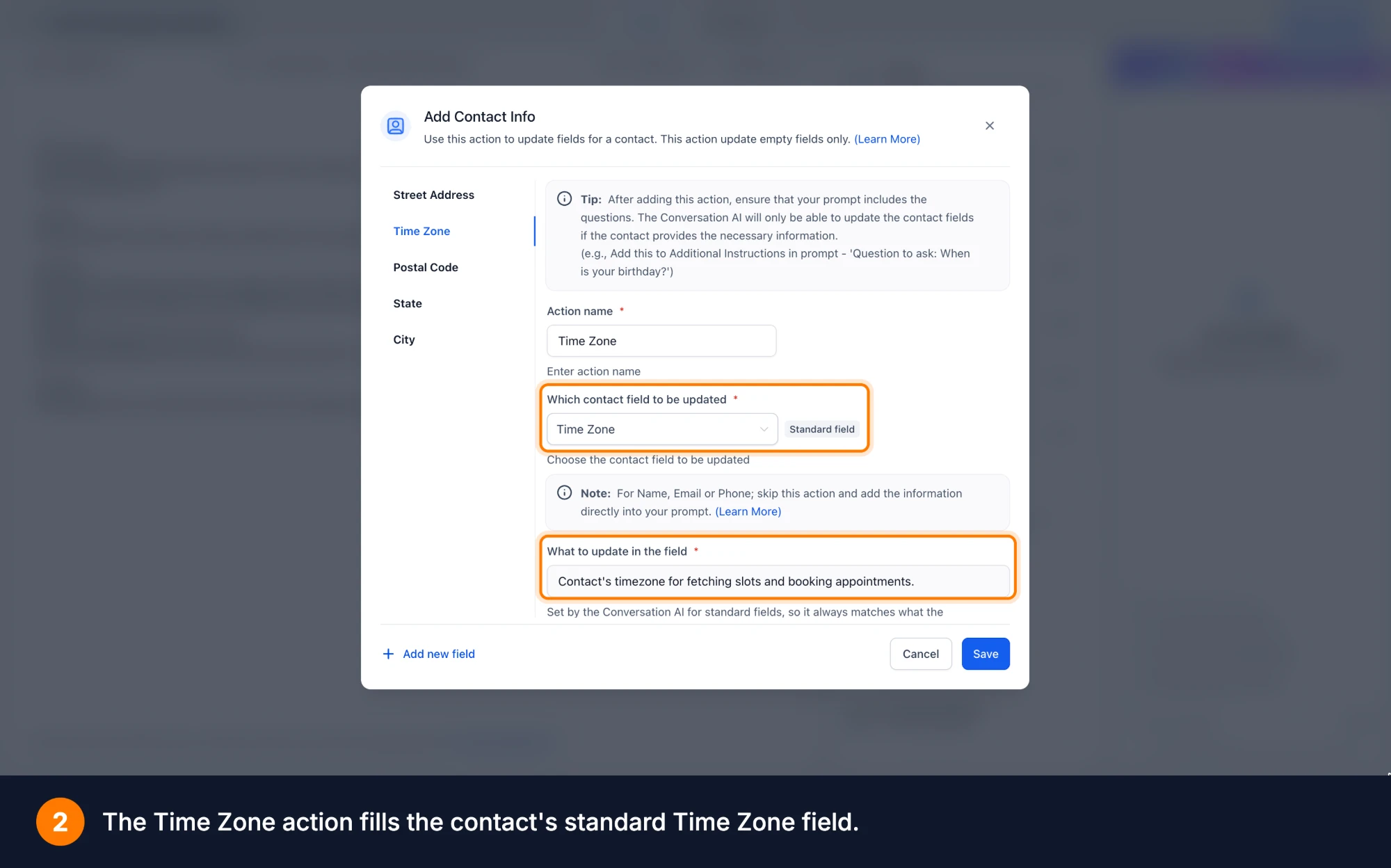 Aperçu 3/4 — L'agent de conversation confirme le fuseau horaire du client avant de proposer des heures