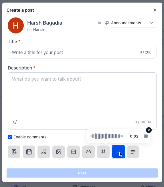 Aperçu 1/3 — Communautés: les messages vocaux directement dans les publications et commentaires