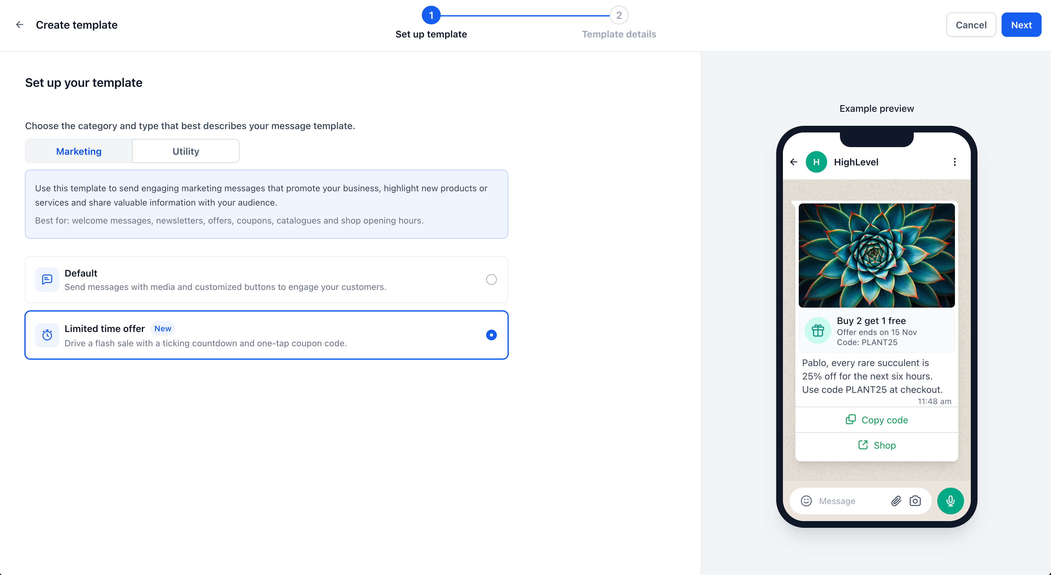 Aperçu 1/5 — Offres à temps limité sur WhatsApp : un compte à rebours en direct dans le clavardage
