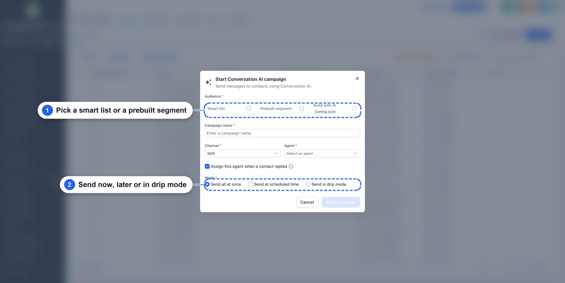 Aperçu 3/12 — Campagnes IA : relancer votre base de contacts en trois clics