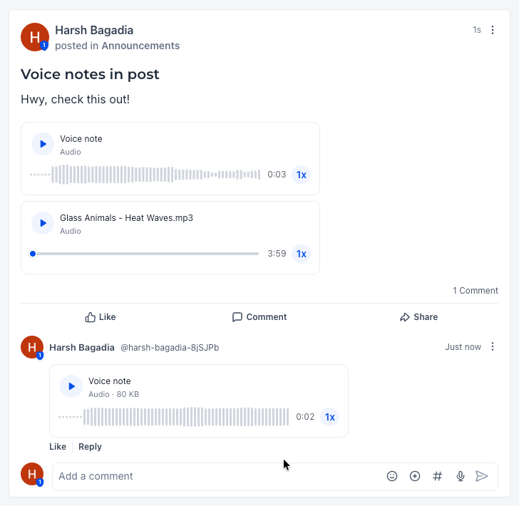 Aperçu 3/3 — Communautés: les messages vocaux directement dans les publications et commentaires
