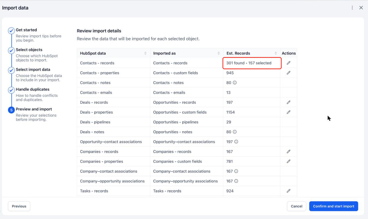 Aperçu 1/4 — Importez seulement les contacts HubSpot que vous voulez