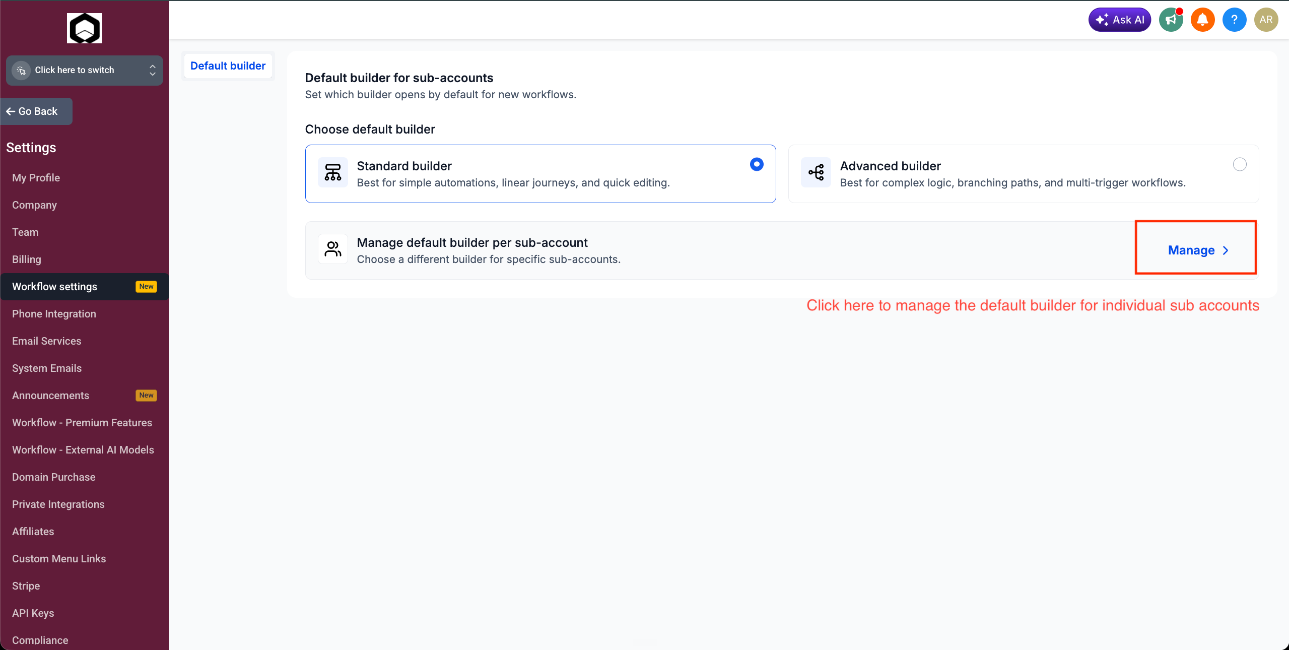 Aperçu 1/2 — Paramètres d'agence : choisir le générateur de workflows pour tous vos comptes
