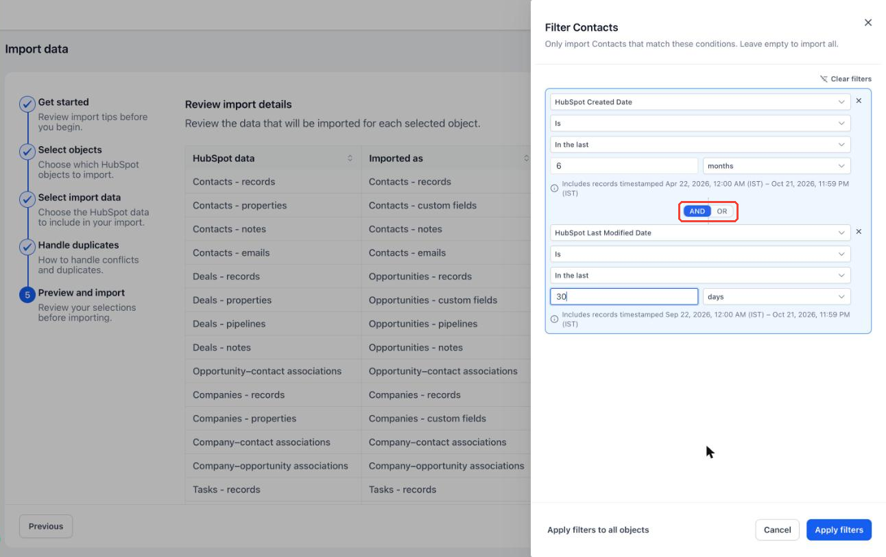 Aperçu 3/4 — Importez seulement les contacts HubSpot que vous voulez